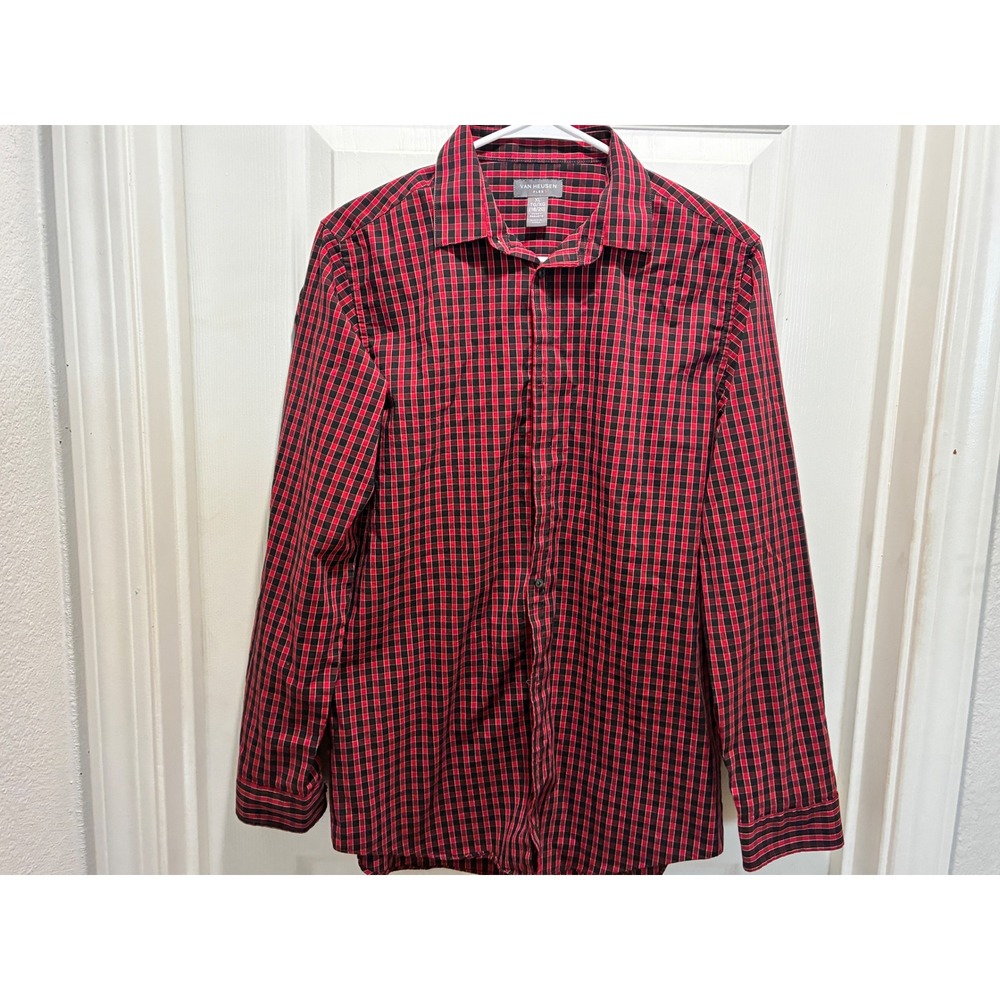 Van Heusen Boys XL 18/20 Husky Flex Long Sleeve Red Black Gingham Plaid Shirt
